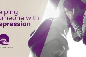 A Woman Bending Over With Her Hands on Her Forehead Showing Anxiety and Depression | Helping Someone With Depression | Breaking Dawn Therapy