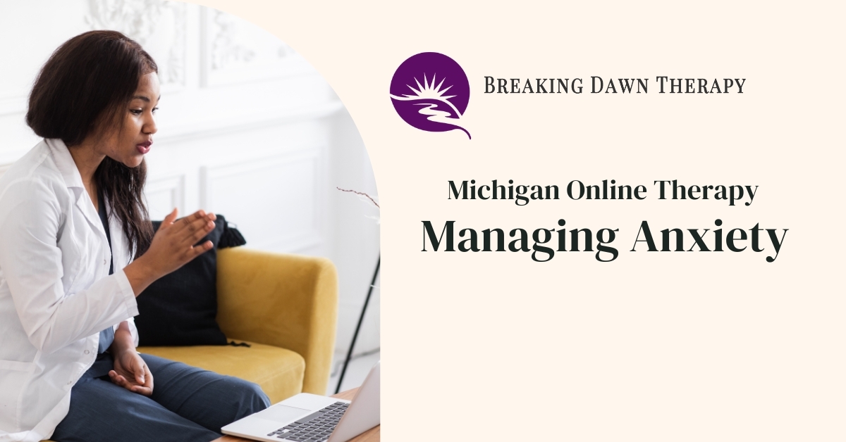 A Therapist in Front of a Laptop Helping a Patient Manage and Handle Anxiety | Breaking Dawn Therapy