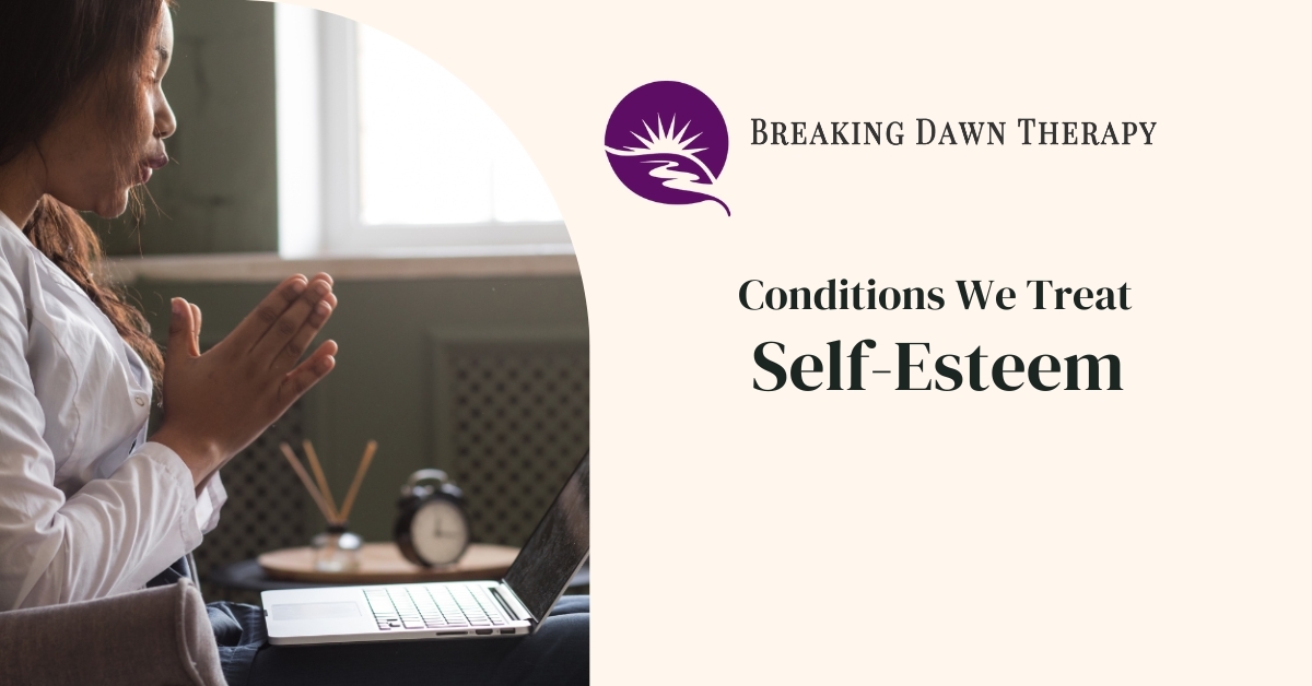 A Woman With Her Hands Together Sitting Down With a Laptop On Her Lap | Conditions We Treat: Self-Esteem | Breaking Dawn Therapy