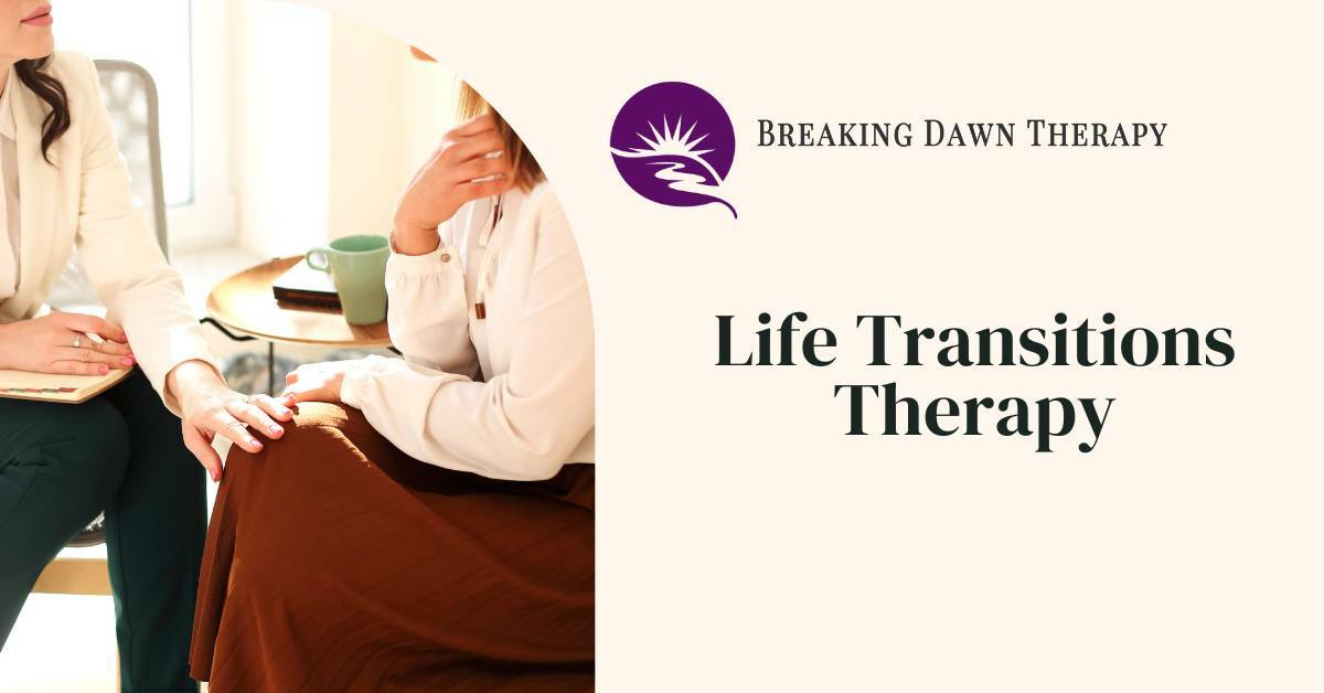 A Therapist Sitting Next To A Patient With Her Hand on Their Knee Showing Emotional Support | Life Transitions Therapy | Breaking Dawn Therapy