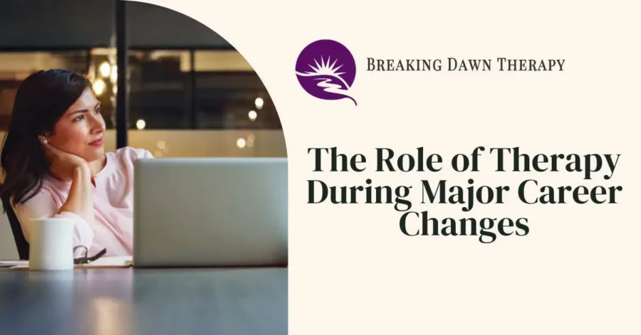 Person doing online therapy during major career changes. Breaking Dawn Therapy